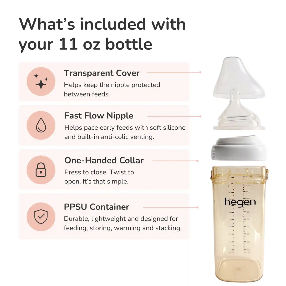 Hegen PPSU Anti-Colic Baby Bottle - 6 Months Plus - 330ml/11oz - 2-Pack - White