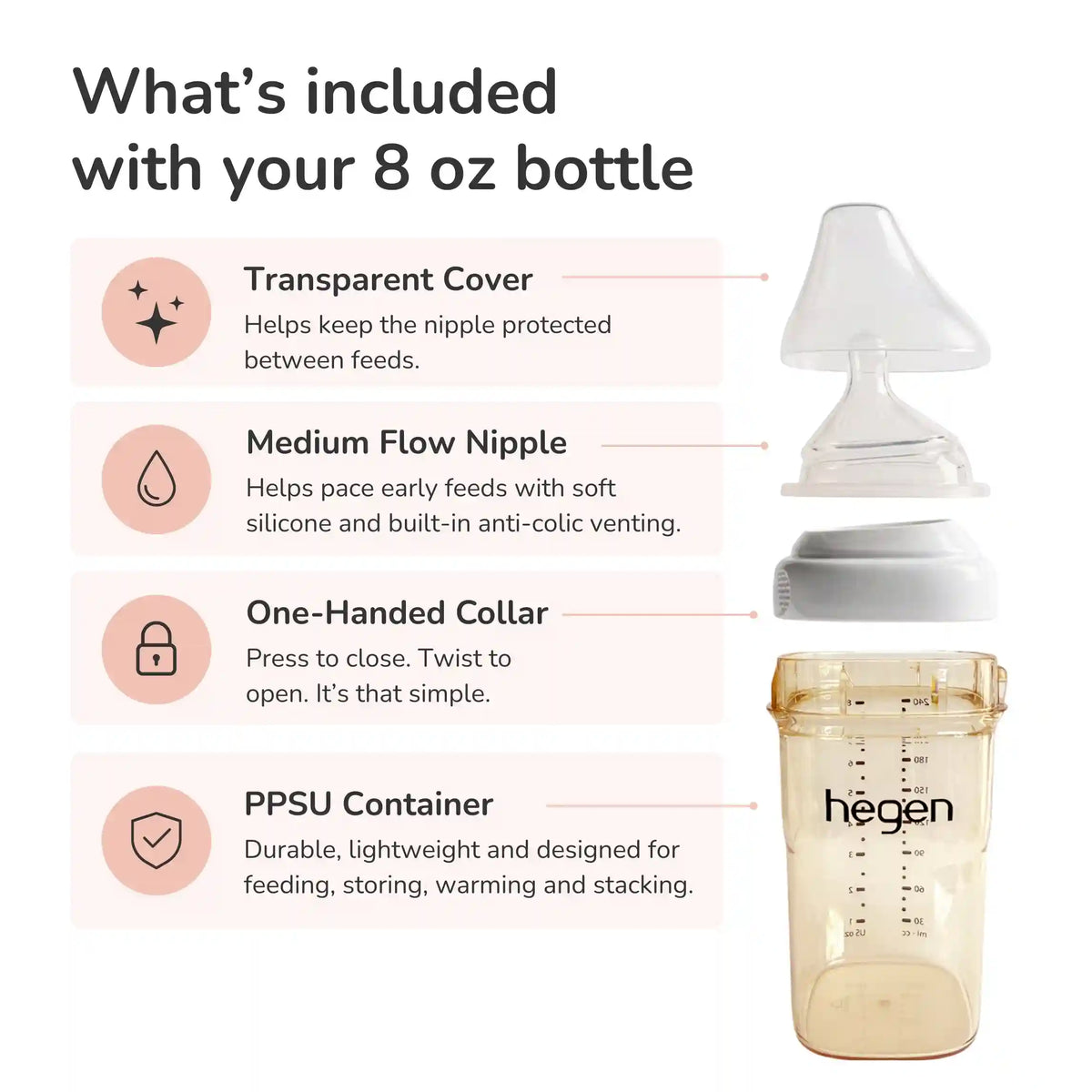 Hegen PPSU Anti-Colic Baby Bottle - 3 to 6 Months - 240ml/8oz - Pink